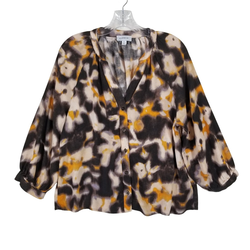 Evereve Blouse Womens Medium Multi Abstract Tie Dye Button Down Balloon Sleeve